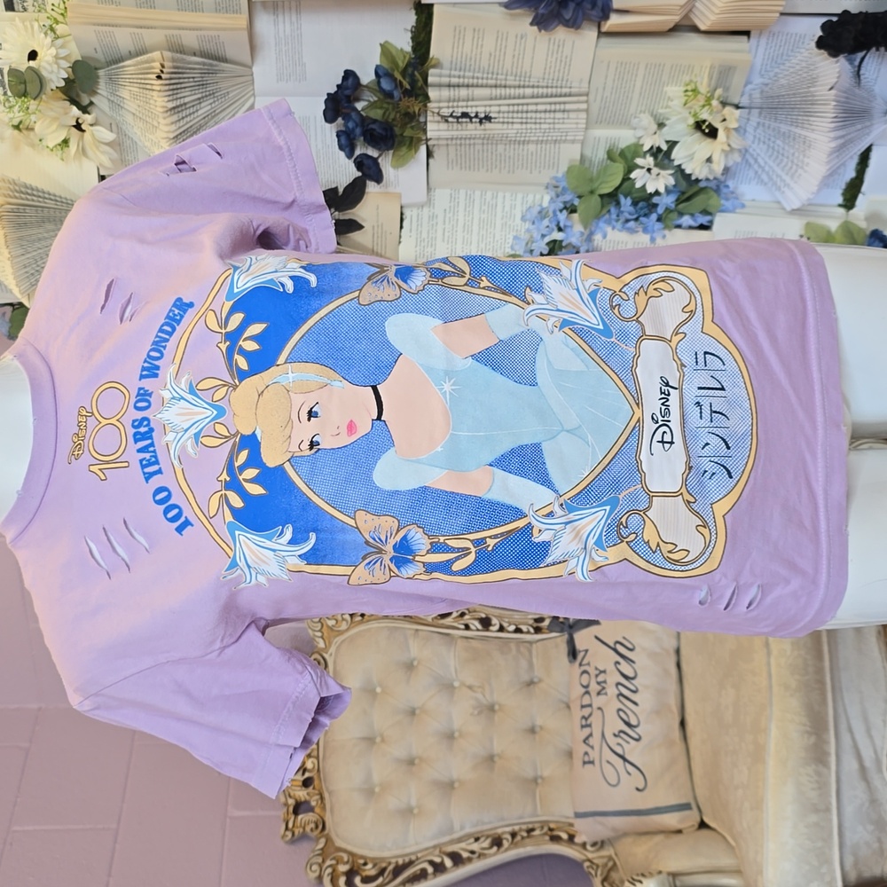 NWT Disney 100 Her Universe Cinderella Distressed Tee XS Purple